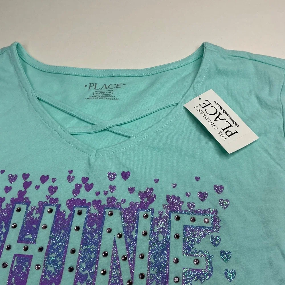 The Children's Place Iced Mint Graphic Tee Kids XL 14 Long Sleeve Shine Glitter